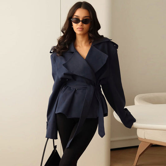 Elegante Taillengürtel-Wickeljacke | Breitrevers Business Casual Blazer | Knitterfreier Büromantel