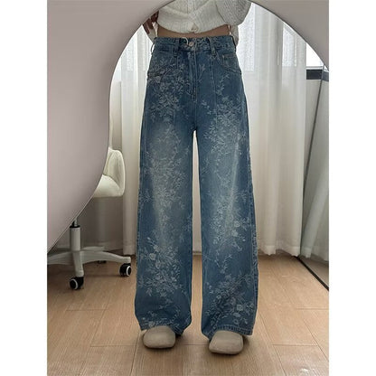Damen Jeans mit Blumen-Jacquard & weitem Bein