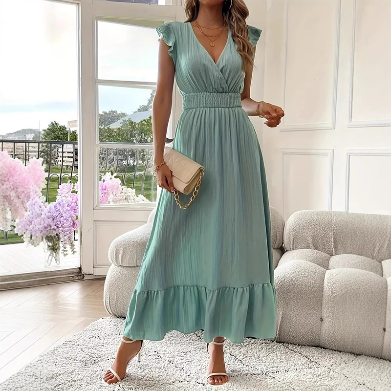📢50 % RABATT!!!⏰Maxikleid mit V-Ausschnitt, Rüschen und tailliertem Schnitt