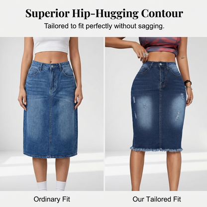 Damenrock aus Denim mit hoher Taille und ausgefranstem Saum