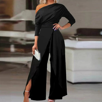 💎 50% RABATT! 💎 Eleganter einteiliger Overall mit einer Schulter für Damen – Fließende weite Beine, Wickelrock-Detail & hochwertiger atmungsaktiver Stoff