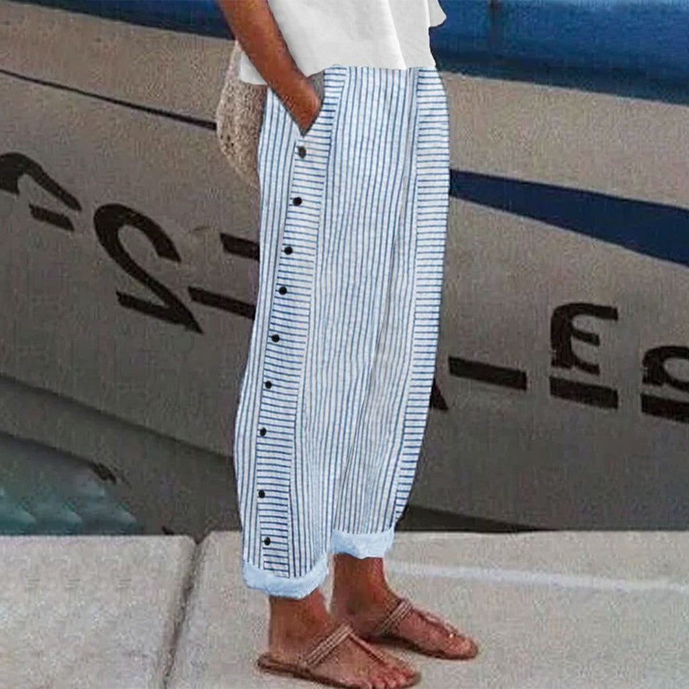 🌞Frühlingserwachen: 50% Rabatt!Maritime Sommerhose: Leichte Streifen-Hose mit Knopf-Details & Taschen