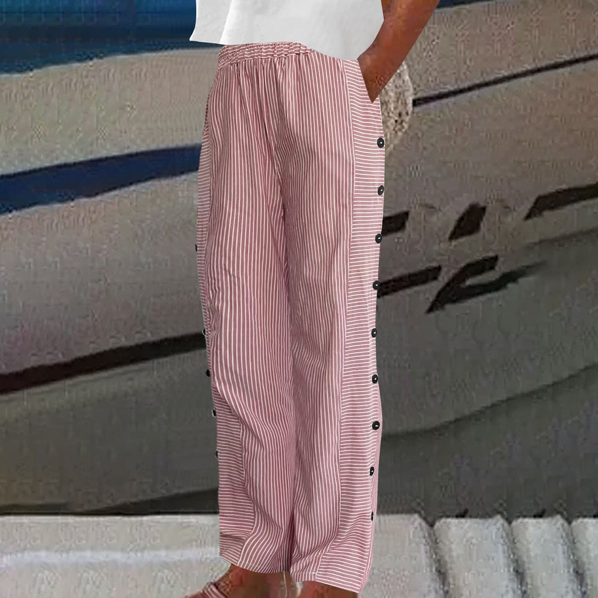 🌞Frühlingserwachen: 50% Rabatt!Maritime Sommerhose: Leichte Streifen-Hose mit Knopf-Details & Taschen