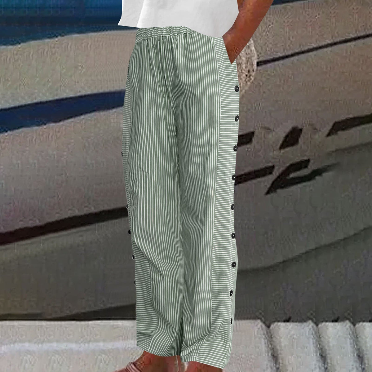 🌞Frühlingserwachen: 50% Rabatt!Maritime Sommerhose: Leichte Streifen-Hose mit Knopf-Details & Taschen