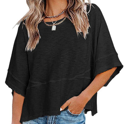 💎59 % Rabatt🌸Einfarbiges Patchwork-T-Shirt mit lockeren Fünf-Punkt-Trompetenärmeln🌈