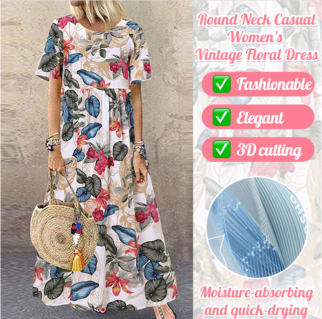 Lässiges, locker geschnittenes Damen-Maxikleid im Retro-Stil mit Rundhalsausschnitt und Print