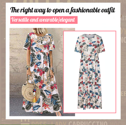 Lässiges, locker geschnittenes Damen-Maxikleid im Retro-Stil mit Rundhalsausschnitt und Print