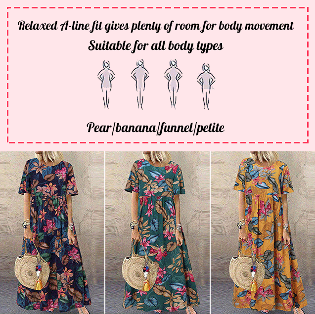 Lässiges, locker geschnittenes Damen-Maxikleid im Retro-Stil mit Rundhalsausschnitt und Print