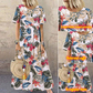 Lässiges, locker geschnittenes Damen-Maxikleid im Retro-Stil mit Rundhalsausschnitt und Print