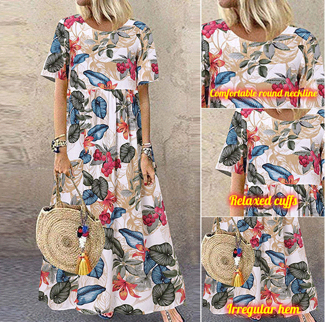 Lässiges, locker geschnittenes Damen-Maxikleid im Retro-Stil mit Rundhalsausschnitt und Print