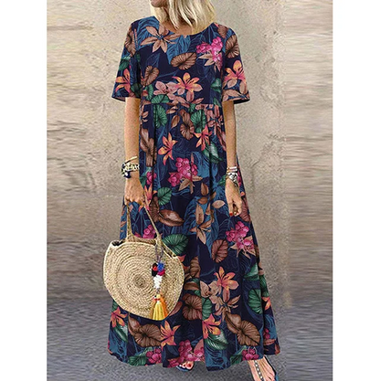 Lässiges, locker geschnittenes Damen-Maxikleid im Retro-Stil mit Rundhalsausschnitt und Print