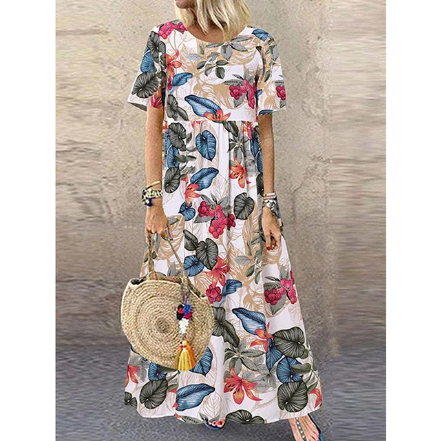 Lässiges, locker geschnittenes Damen-Maxikleid im Retro-Stil mit Rundhalsausschnitt und Print
