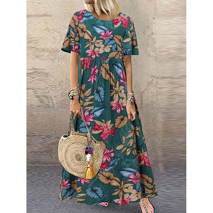 Lässiges, locker geschnittenes Damen-Maxikleid im Retro-Stil mit Rundhalsausschnitt und Print