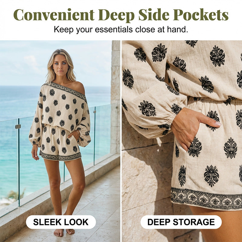 🌸 Bohème Jumpsuit-Set mit Off-Shoulder & Vintage-Print – Sommer-Traum – Fließend, luftig & perfekt für Festivals, Strand oder warme Urlaubsnächte ☀️