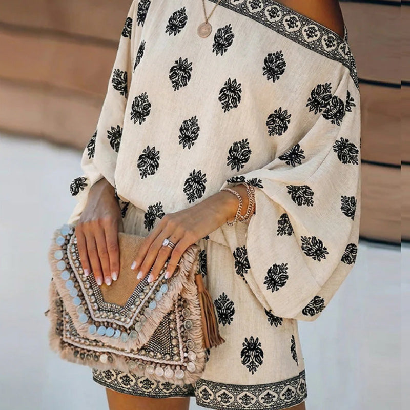 🌸 Bohème Jumpsuit-Set mit Off-Shoulder & Vintage-Print – Sommer-Traum – Fließend, luftig & perfekt für Festivals, Strand oder warme Urlaubsnächte ☀️
