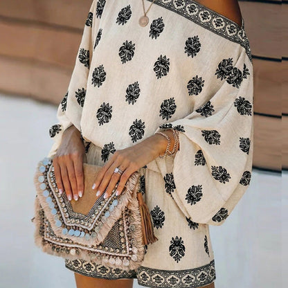 🌸 Bohème Jumpsuit-Set mit Off-Shoulder & Vintage-Print – Sommer-Traum – Fließend, luftig & perfekt für Festivals, Strand oder warme Urlaubsnächte ☀️