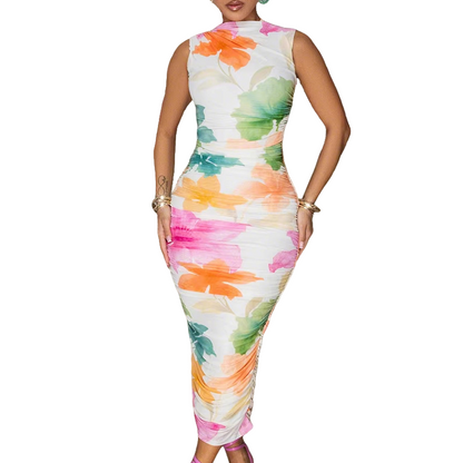 🌸 NUR FÜR BEGRENZTE ZEIT: 50 % RABATT! 👗 Ärmelloses, figurbetontes Midi-Kleid mit Blumenmuster – hoher Ausschnitt, gerafft, aus dehnbarem Netzstoff 🌹