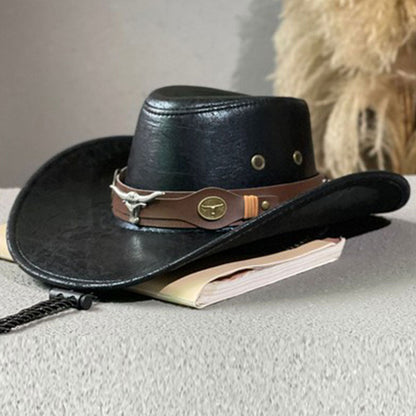 🤠 LIMITED-TIME 50% RABATT! ✨ Vintage-Cowboyhut mit breiter Krempe & Riemen – PU, Einheitsgröße, Verstellbar ☀️