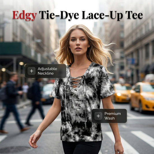 Tie-Dye-T-Shirt für Damen mit Schnürung und V-Ausschnitt