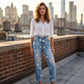 Damen-Jeans mit Sternmuster und Used-Look, hohe Taille