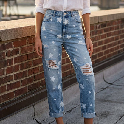 Damen-Jeans mit Sternmuster und Used-Look, hohe Taille