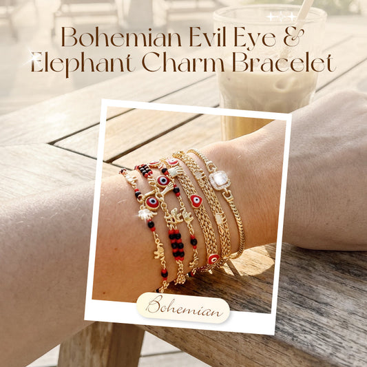 🧿 60% RABATT! 💕 Armband im Bohème-Stil mit Anhängern – Böser Blick & Elefant – Schützend, boho-chic & perfekt als Geschenk ✨