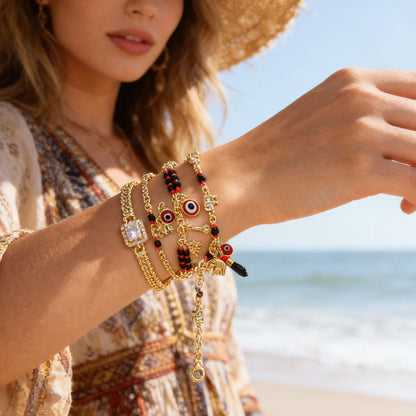 🧿 60% RABATT! 💕 Armband im Bohème-Stil mit Anhängern – Böser Blick & Elefant – Schützend, boho-chic & perfekt als Geschenk ✨