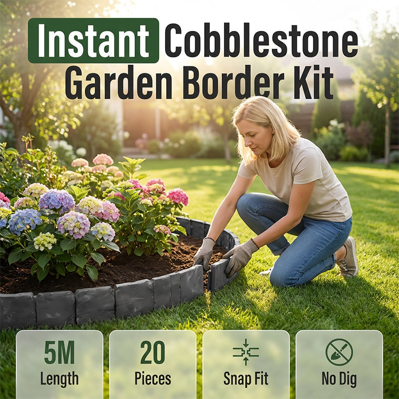 Gartenborder Set Kopfsteinoptik 5m – 20 ineinandergreifende Teile ☀️ Wetterfestes PP-Kunststoff, kein Graben & kein Werkzeug – ideal für Beete & Wege 🌿