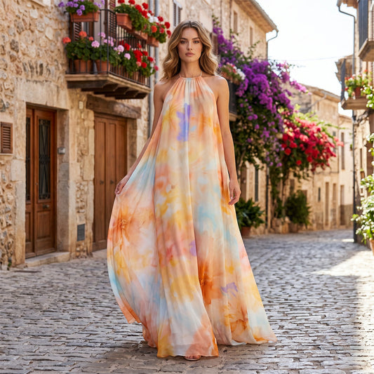 Maxikleid für Damen im Wasserfarben-Look mit Neckholder