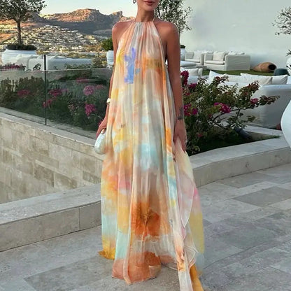 Maxikleid für Damen im Wasserfarben-Look mit Neckholder